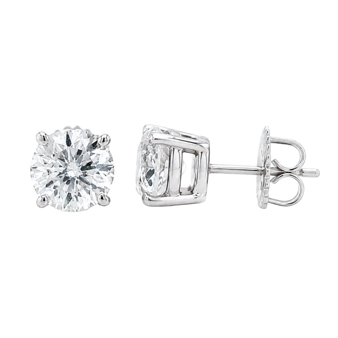 Diamond stud earrings on a white background front and side image