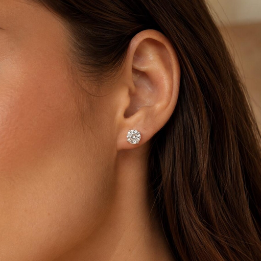 Close-up of an ear wearing a diamond earring with a blurred background
