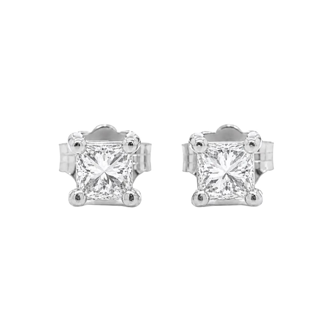 Natural Diamond Princess Cut Stud Earrings, in White Gold