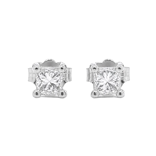Natural Diamond Princess Cut Stud Earrings, in White Gold