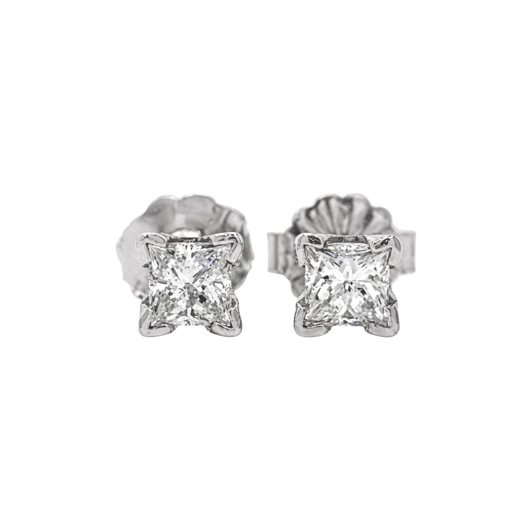 Natural Diamond Princess Cut Stud Earrings, in White Gold