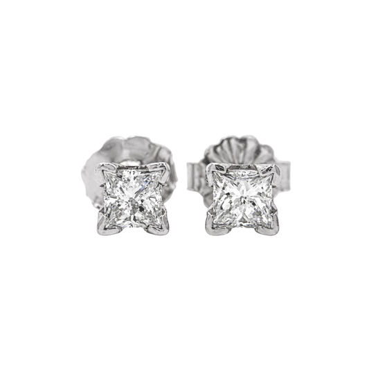 Natural Diamond Princess Cut Stud Earrings, in White Gold