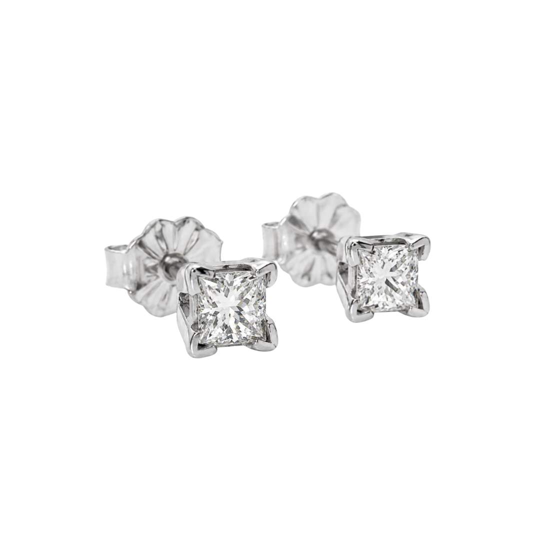 Natural Diamond Princess Cut Stud Earrings, in White Gold