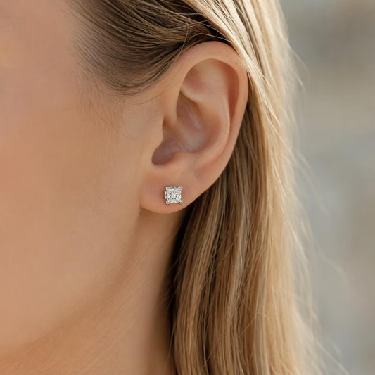 Natural Diamond Princess Cut Stud Earrings, in White Gold