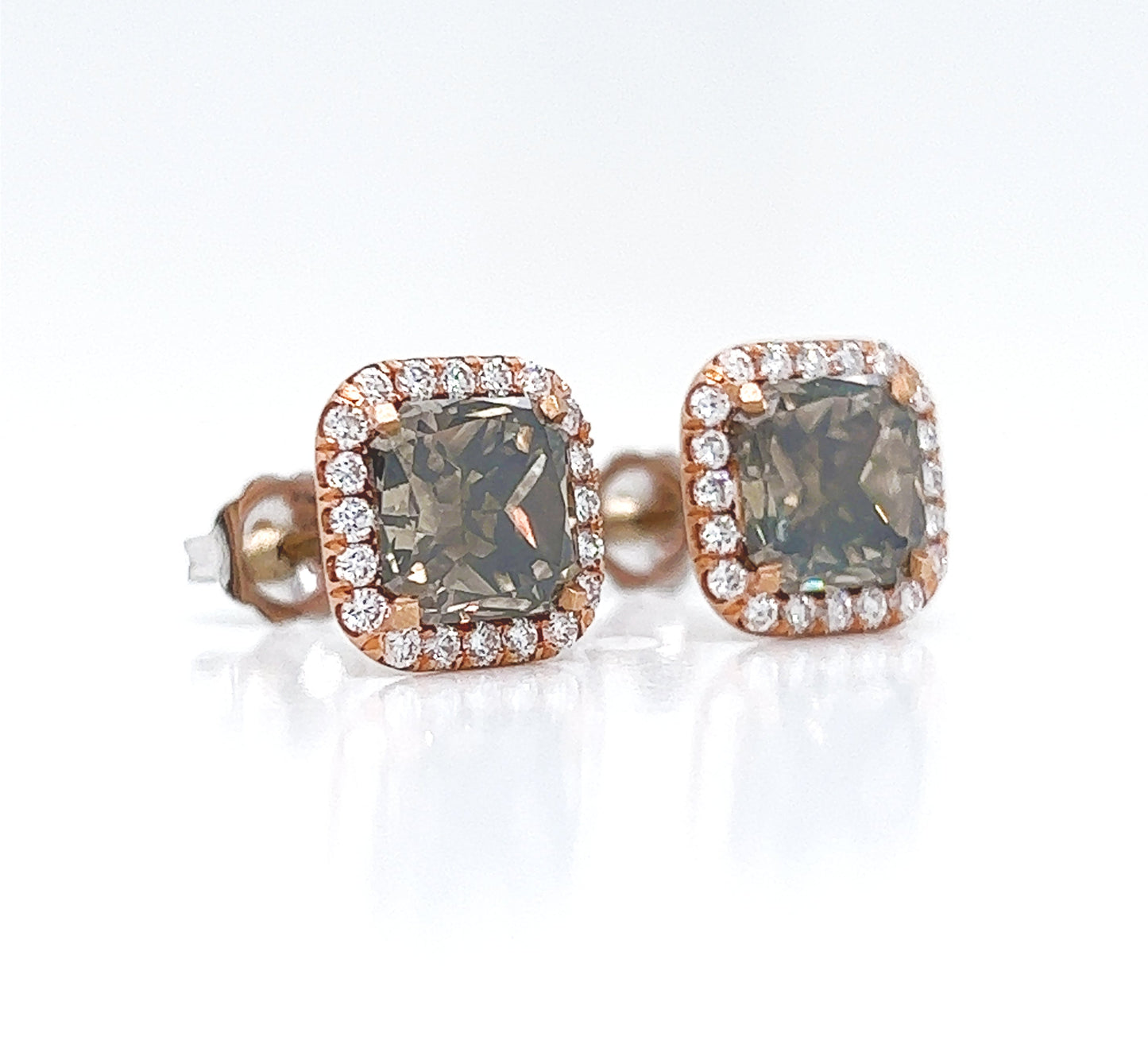 3.79 ct.tw. Natural Fancy Radiant Diamond Halo Stud Earrings, in Rose Gold