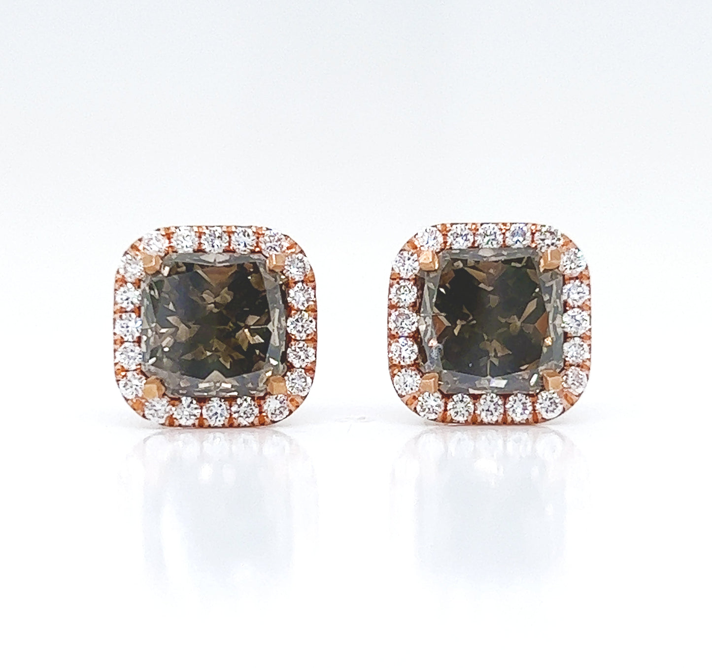 3.79 ct.tw. Natural Fancy Radiant Diamond Halo Stud Earrings, in Rose Gold