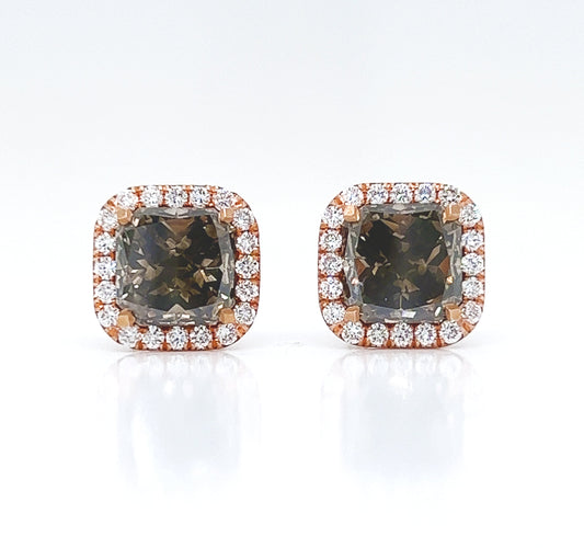 3.79 ct.tw. Natural Fancy Radiant Diamond Halo Stud Earrings, in Rose Gold