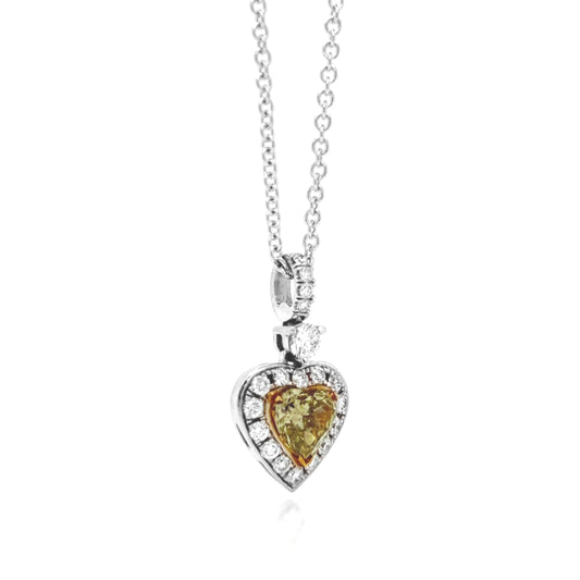 Natural Mined Fancy Yellow Heart Shape Diamond Halo Art Deco Cocktail Pendant Necklace White Gold