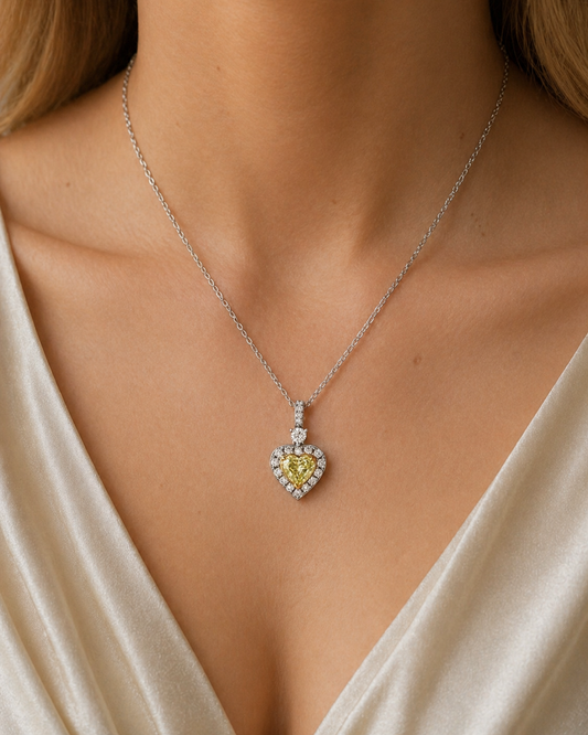 Natural Fancy Yellow Heart Diamond Halo Cocktail Pendant, in White Gold