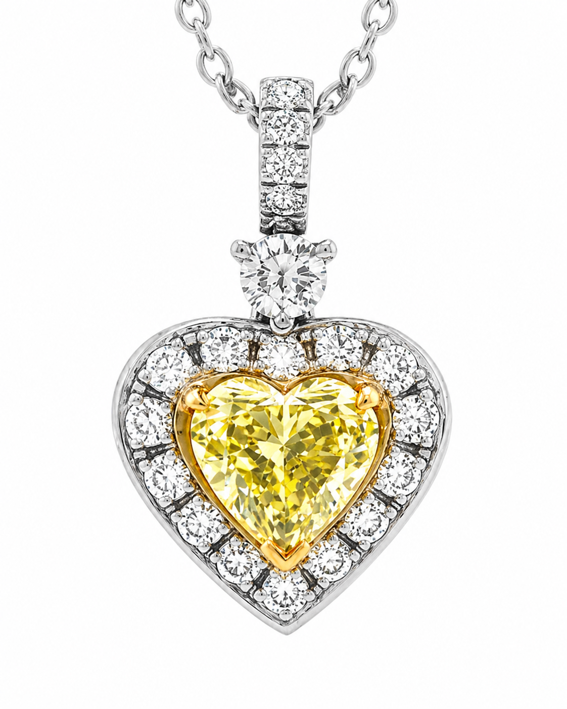 Natural Fancy Yellow Heart Diamond Halo Cocktail Pendant, in White Gold