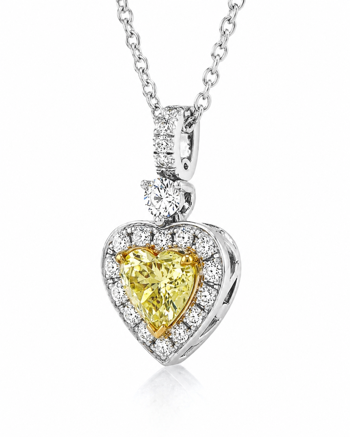 Natural Fancy Yellow Heart Diamond Halo Cocktail Pendant, in White Gold