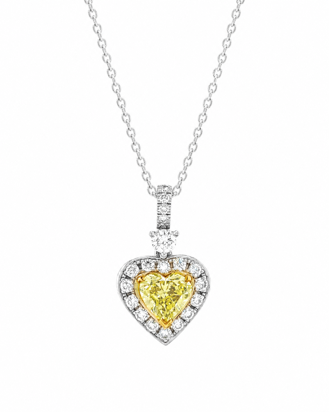 Natural Fancy Yellow Heart Diamond Halo Cocktail Pendant, in White Gold