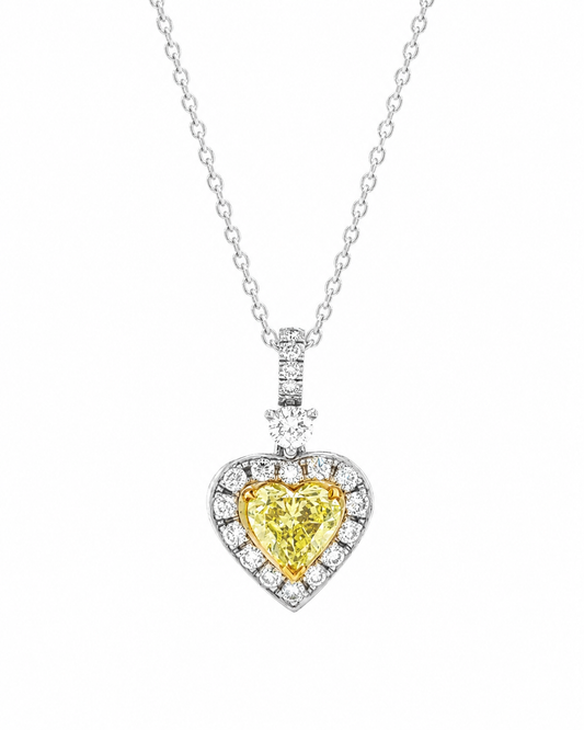 Natural Fancy Yellow Heart Diamond Halo Cocktail Pendant, in White Gold