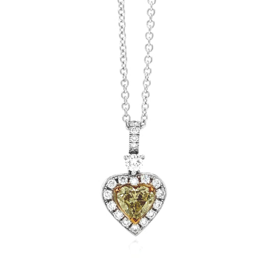Natural Mined Fancy Yellow Heart Shape Diamond Halo Art Deco Cocktail Pendant Necklace White Gold
