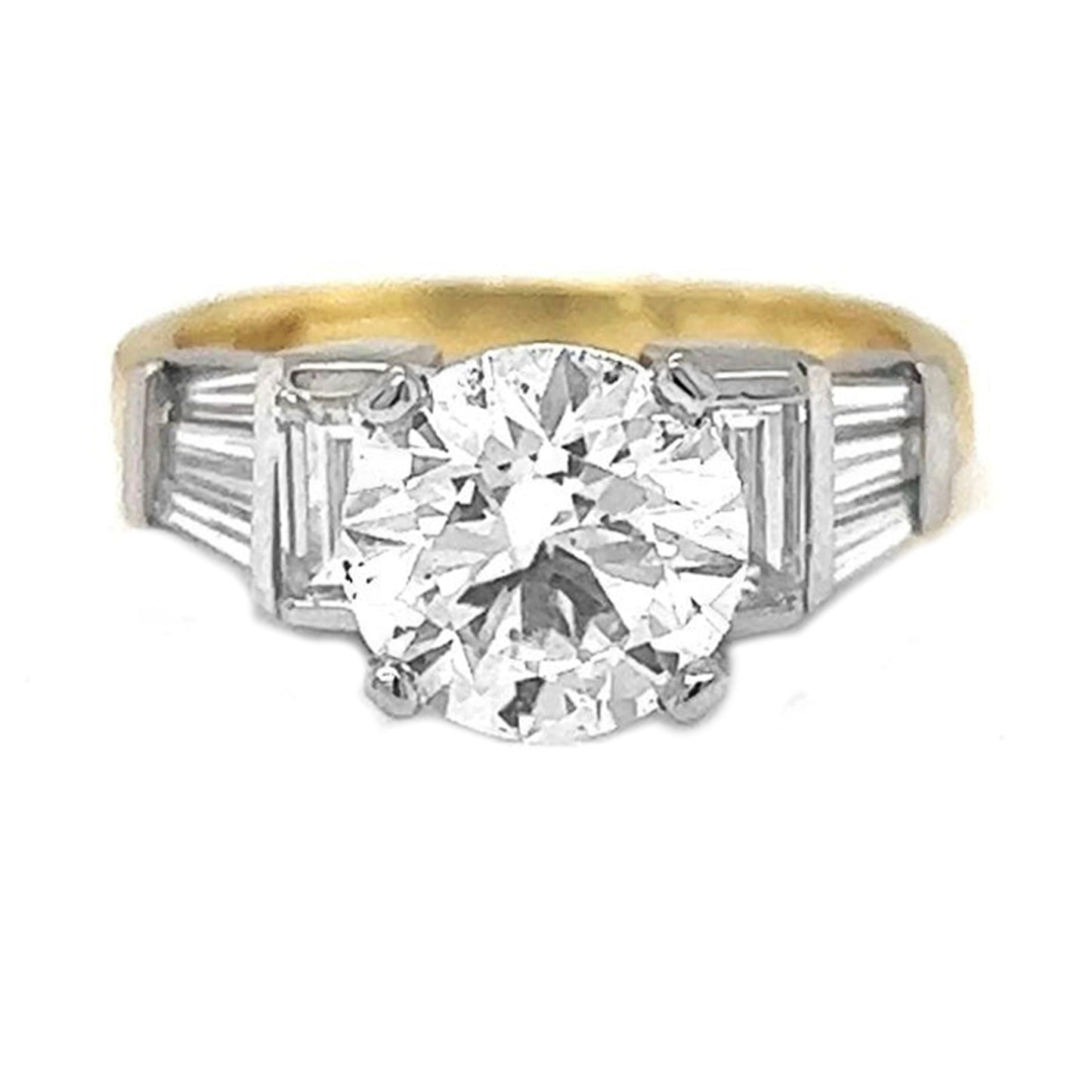 Natural Round and Baguette Cut Diamond Bridal Ring Yellow Gold GIA