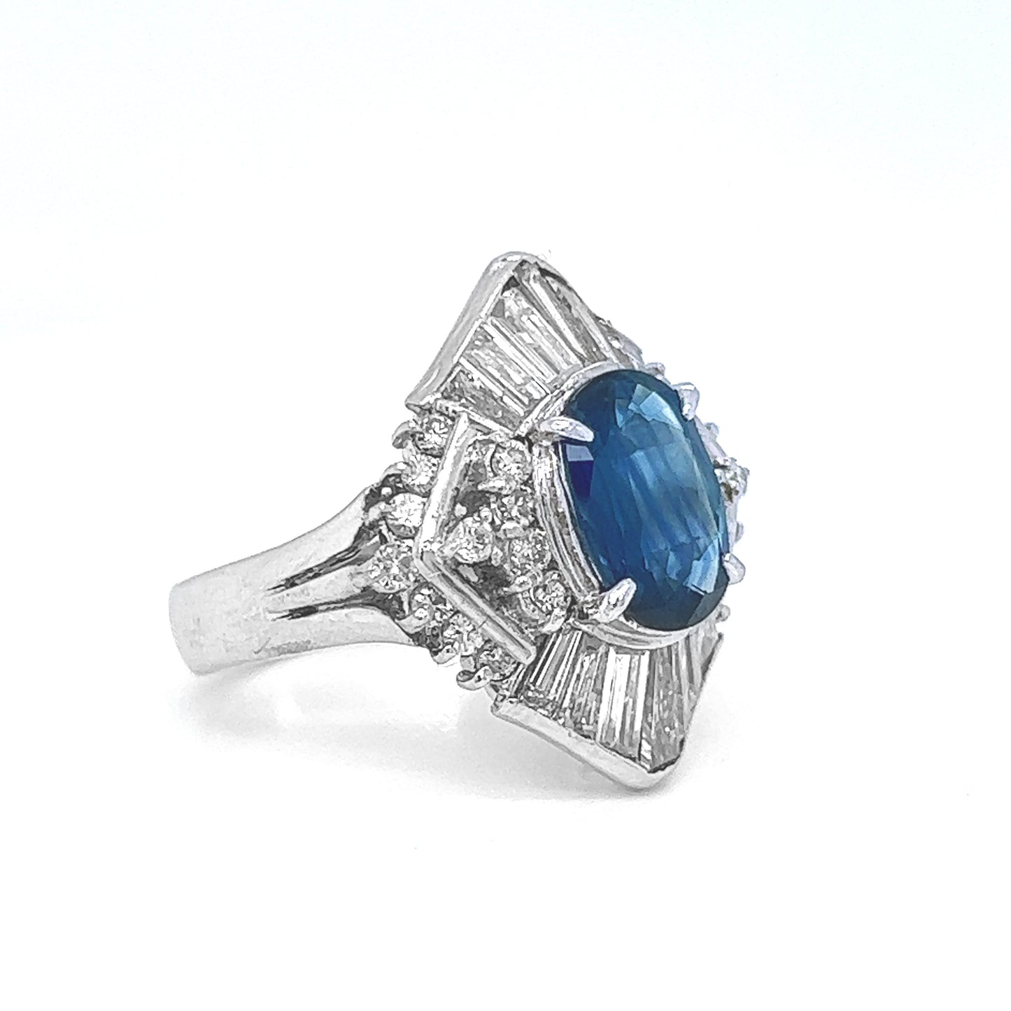 Natural Blue Sapphire and Diamond Cluster Cocktail Platinum Ring