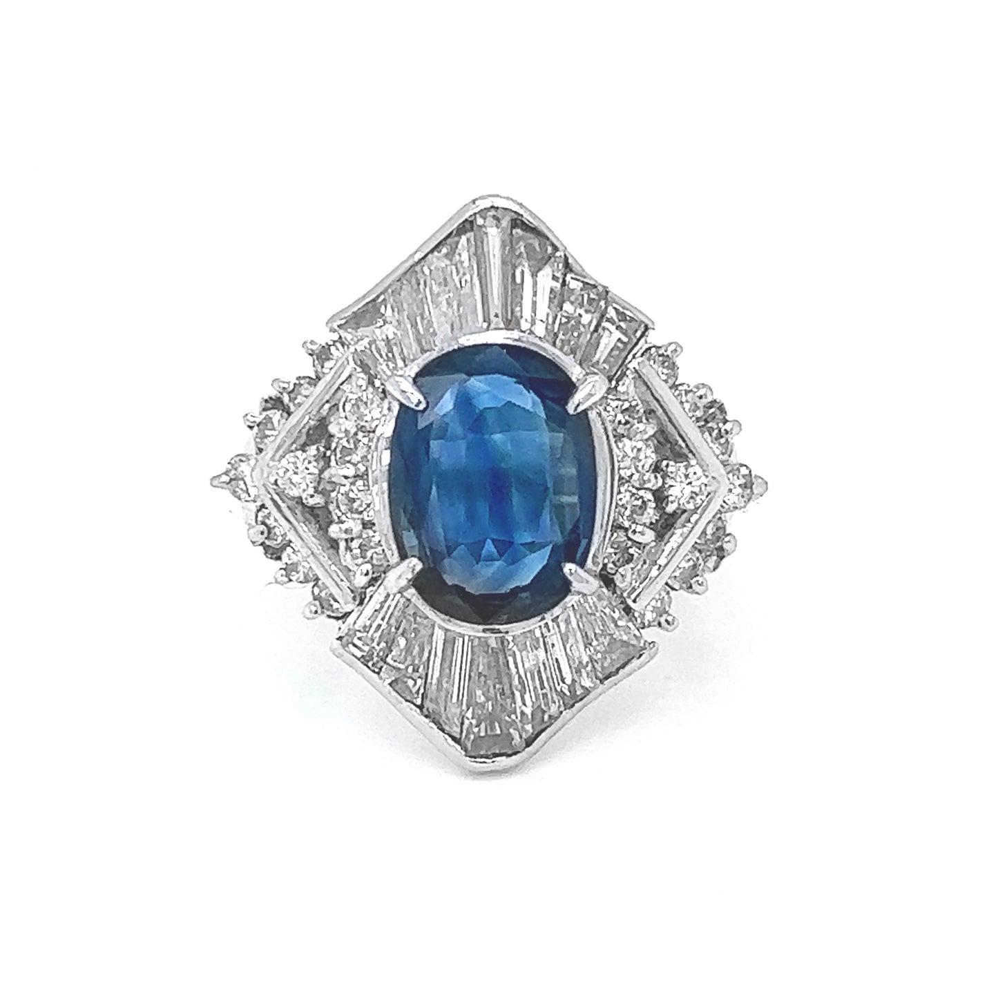 Natural Blue Sapphire and Diamond Cluster Cocktail Platinum Ring