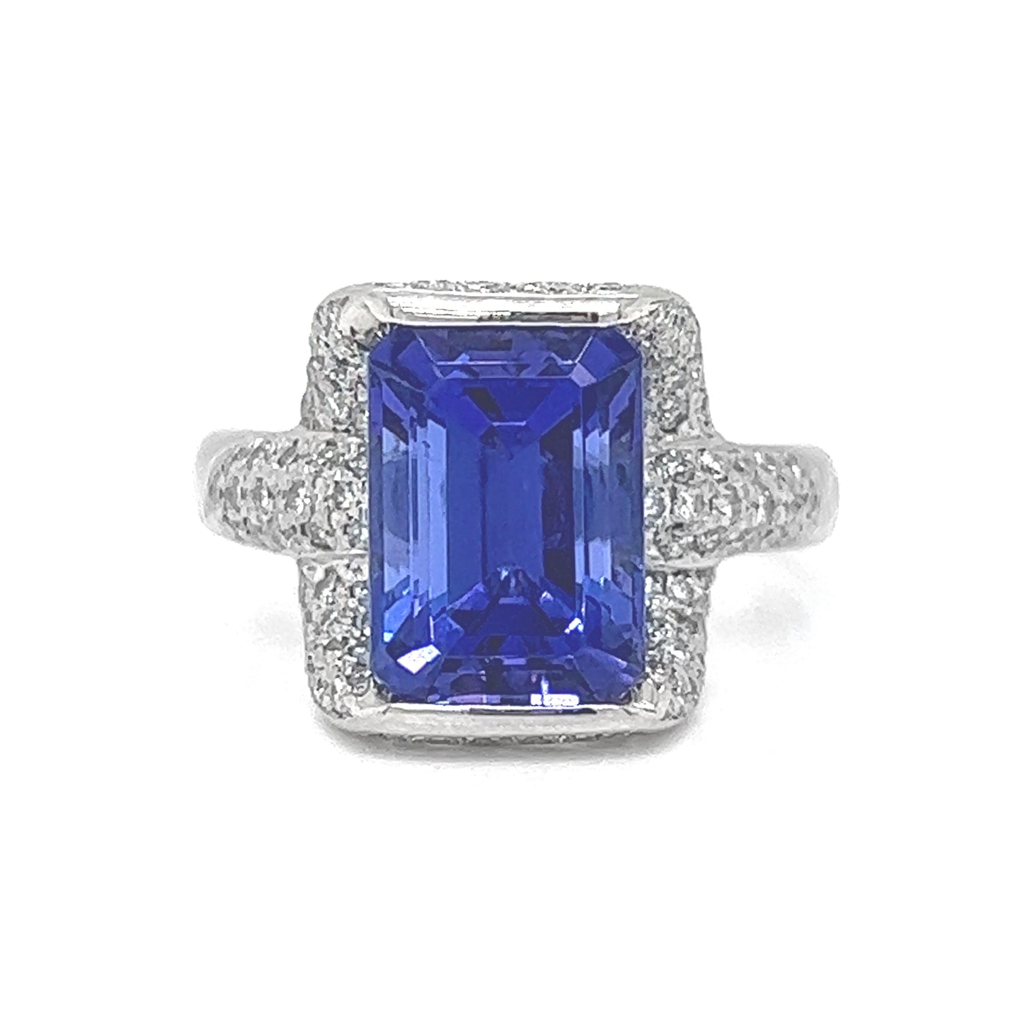 Natural Radiant Tanzanite and Diamond Halo Cocktail Platinum Ring