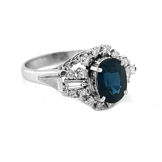 Natural Mined Blue Sapphire and Diamond Art Deco Cluster Platinum Ring