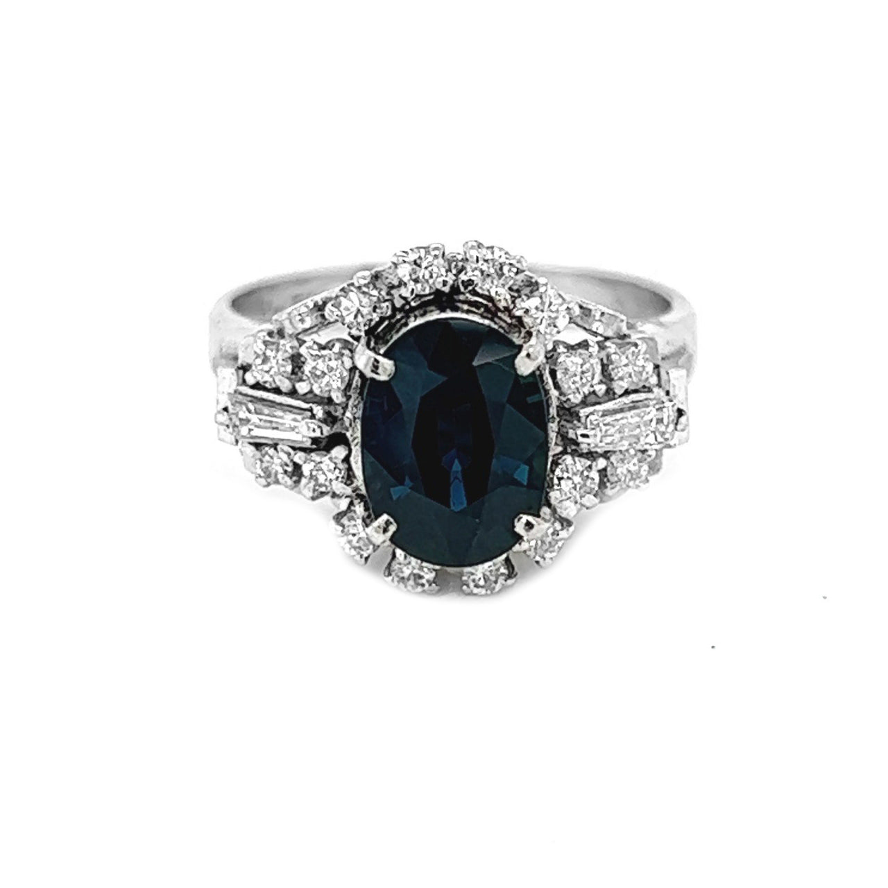 Natural Blue Sapphire and Diamond Art Deco Cluster Platinum Ring