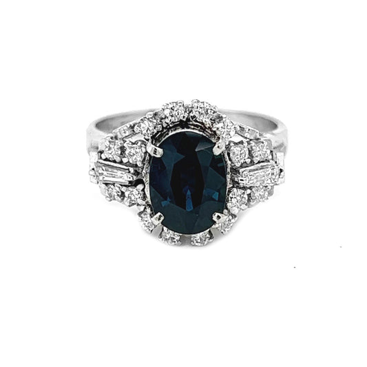 Natural Mined Blue Sapphire and Diamond Art Deco Cluster Platinum Ring