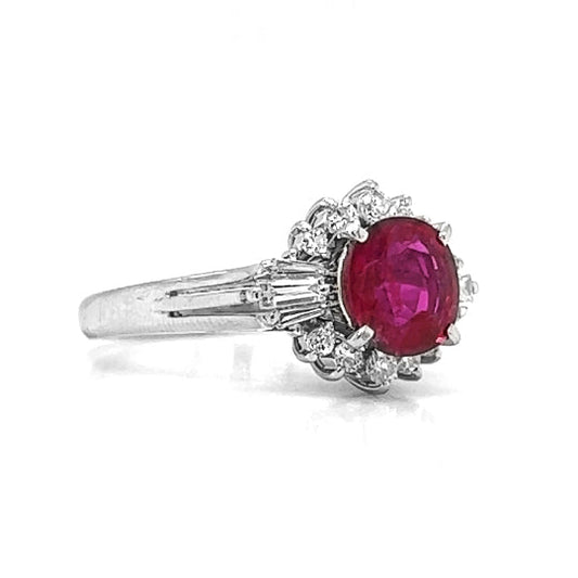 Natural Round Ruby and Diamond Cluster Art Deco Halo Platinum Ring