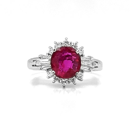 Natural Round Ruby and Diamond Cluster Art Deco Halo Platinum Ring
