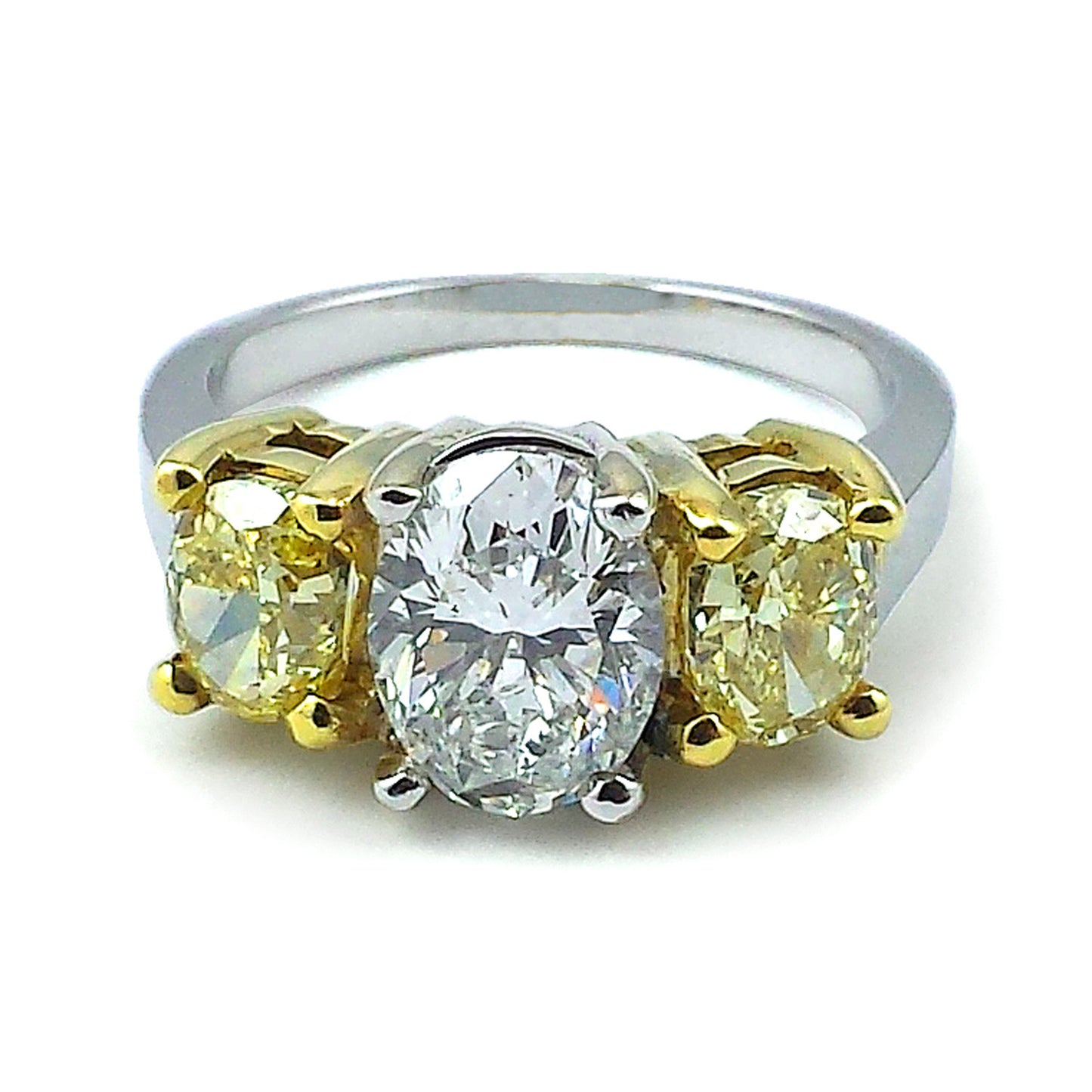 Natural Oval Cut Fancy Intense Yellow Diamond 3 Stone Ring, in White Gold
