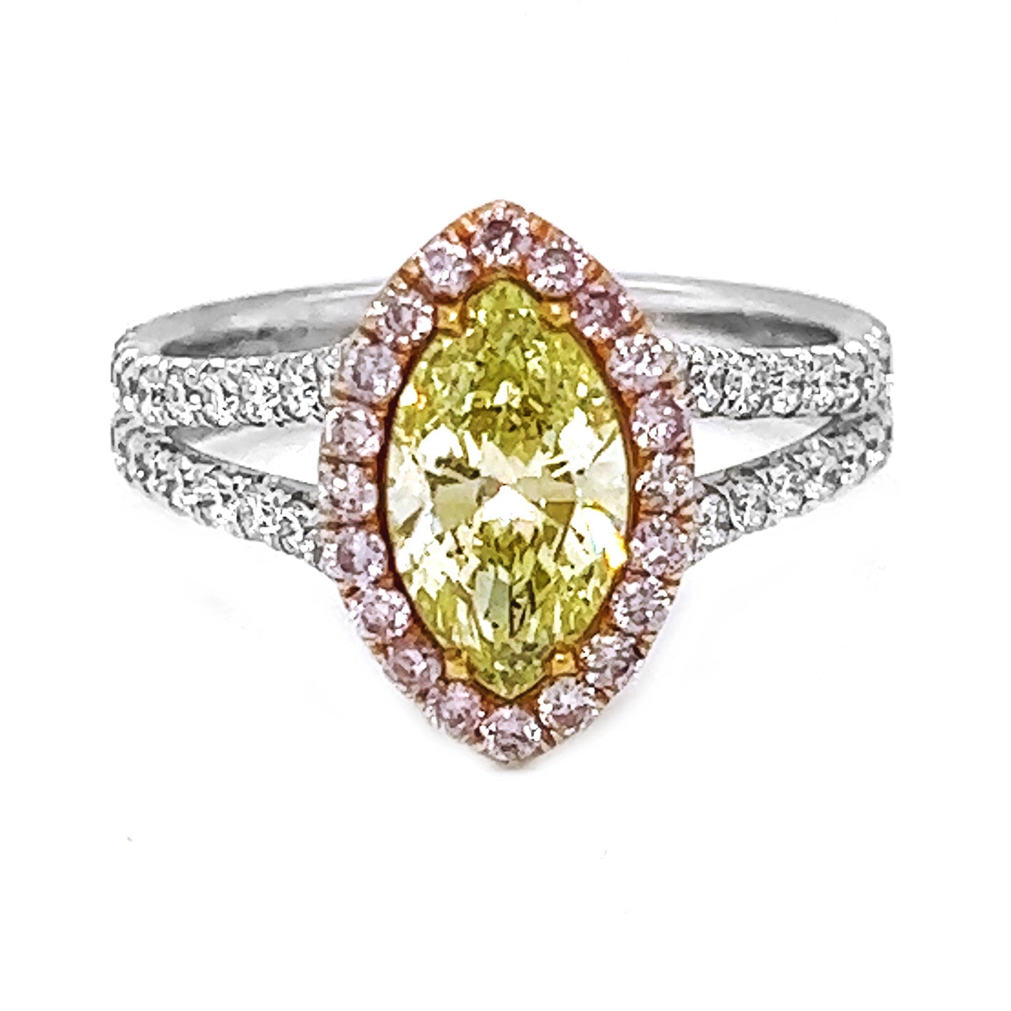 Natural Fancy Color Green-Yellow with Pink Diamond Halo Bridal Ring, in White Gold