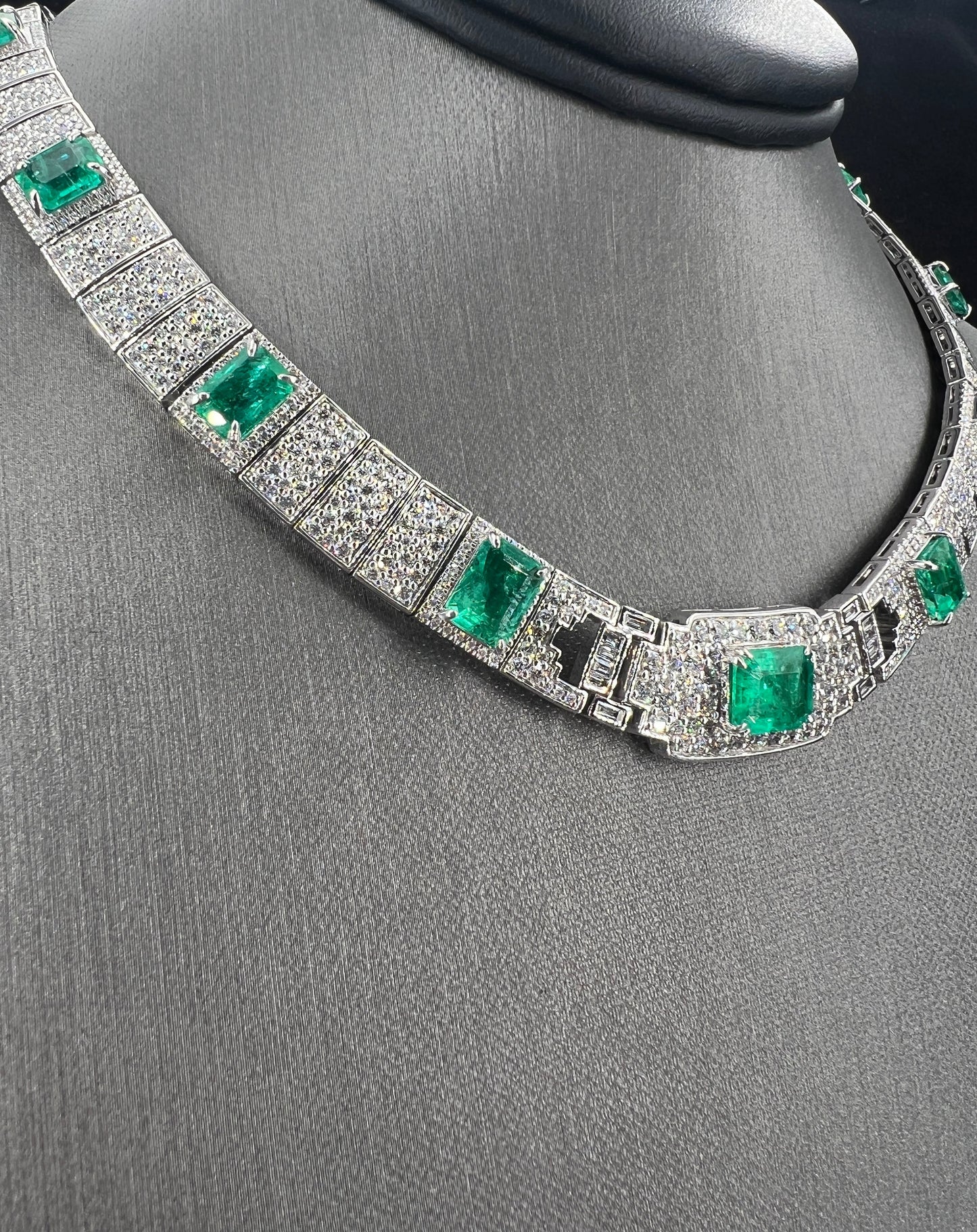 Natural Mined Diamond and Green Emerald Cocktail Necklace Platinum