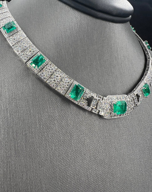 Natural Mined Diamond and Green Emerald Cocktail Necklace Platinum