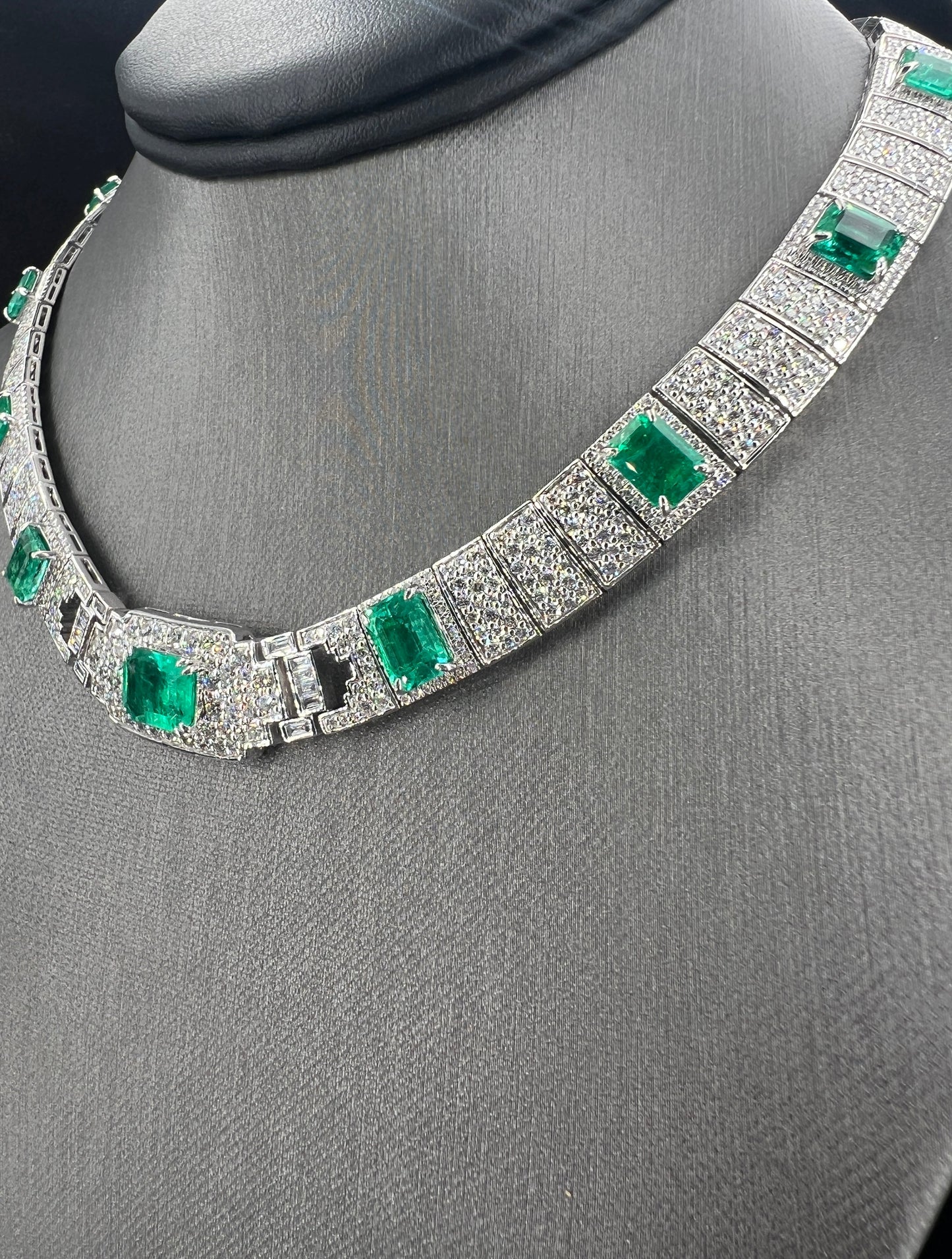 Natural Mined Diamond and Green Emerald Cocktail Necklace Platinum