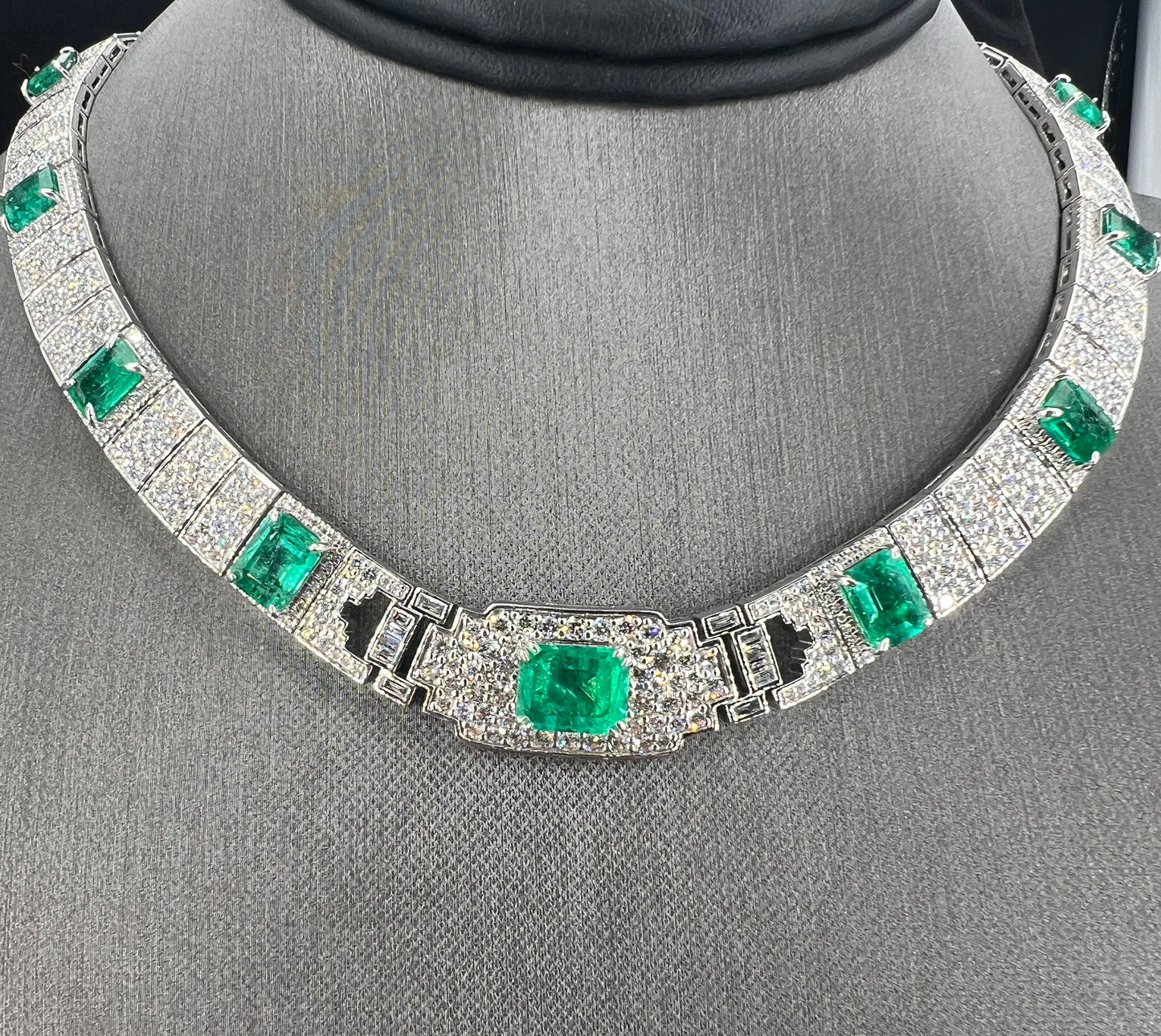 Natural Mined Diamond and Green Emerald Cocktail Necklace Platinum