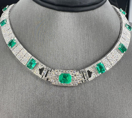 Natural Diamond and Green Emerald Cocktail Platinum Necklace