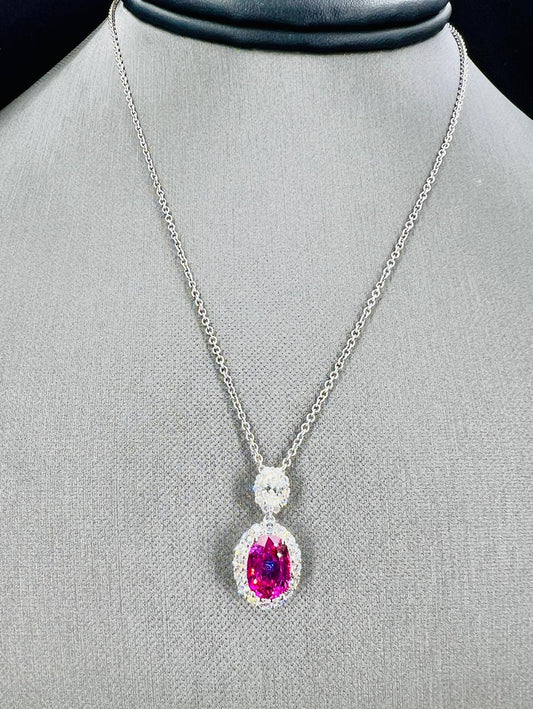 Natural Mined Ruby and Diamond Halo Pendant White Gold GIA