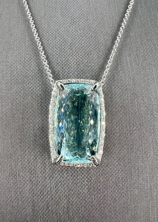 Natural Mined Aquamarine with Diamond Halo Cocktail Necklace Platinum