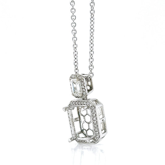 Natural Mined Emerald Cut Diamond Halo Cocktail Semi-Mount Necklace White Gold