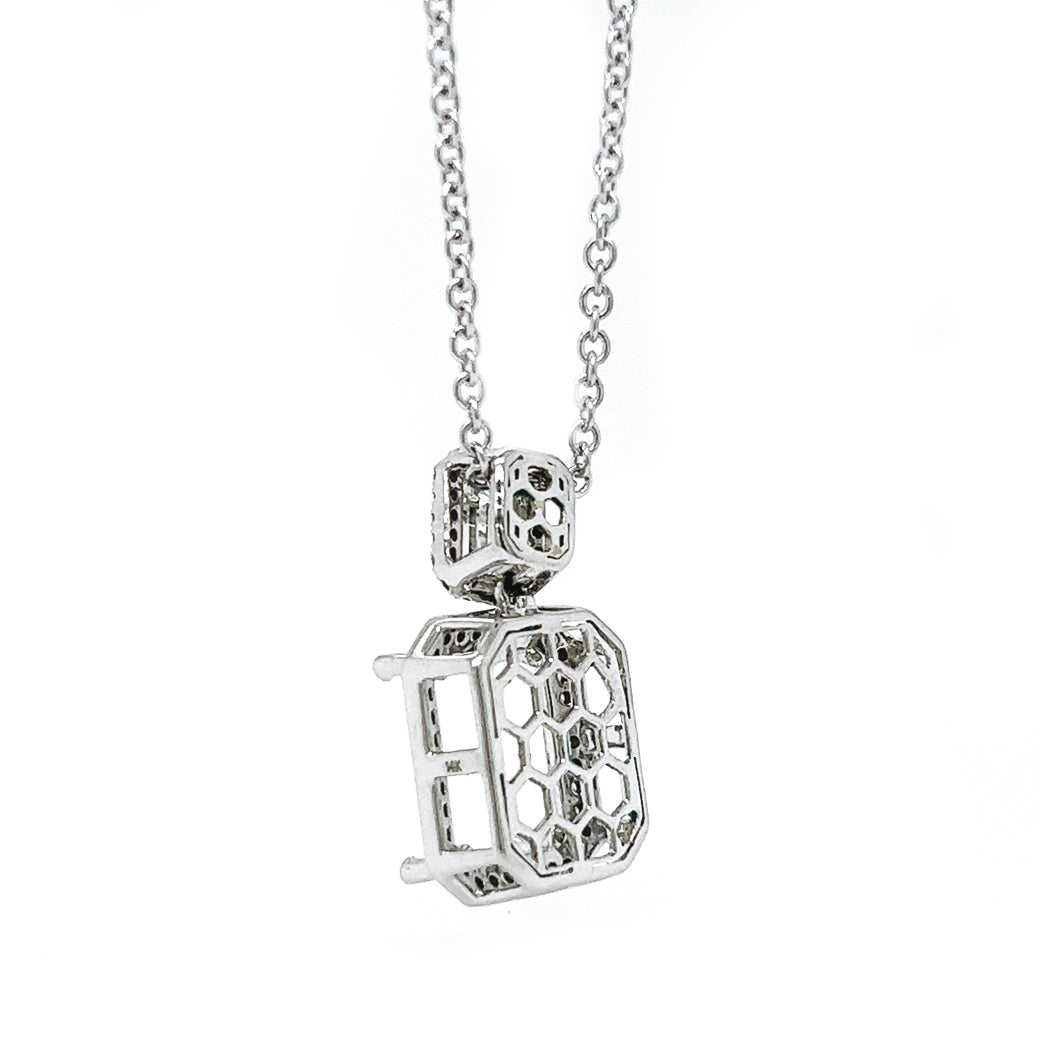 Natural Mined Emerald Cut Diamond Halo Cocktail Semi-Mount Necklace White Gold