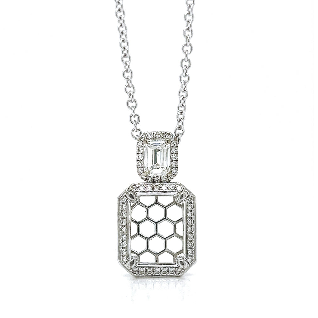 Natural Mined Emerald Cut Diamond Halo Cocktail Semi-Mount Necklace White Gold