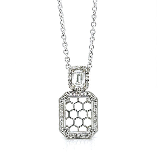 Natural Mined Emerald Cut Diamond Halo Cocktail Semi-Mount Necklace White Gold