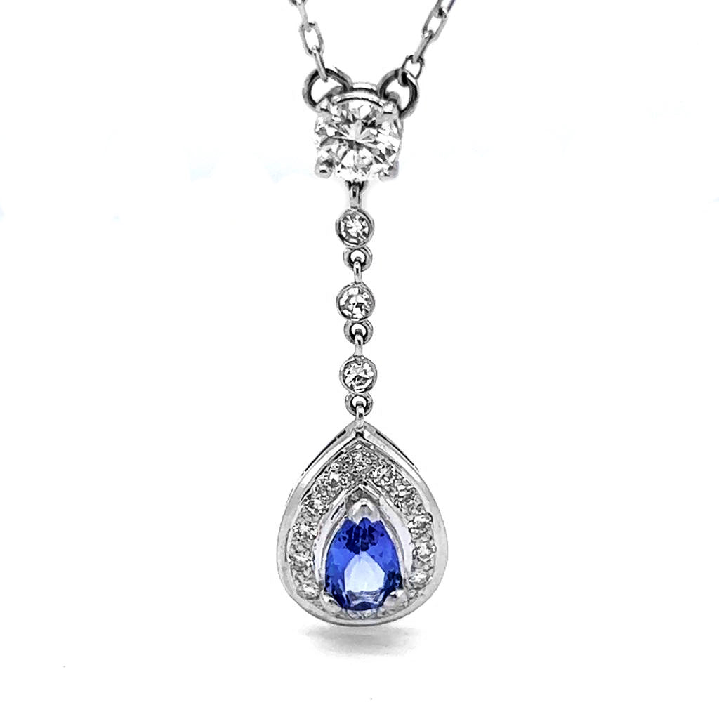 Natural Mined Pear Shaped Tanzanite Diamond Halo Cocktail Necklace Pendant White Gold