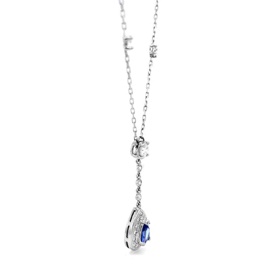Natural Mined Pear Shaped Tanzanite Diamond Halo Cocktail Necklace Pendant White Gold