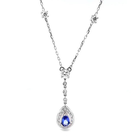 Natural Mined Pear Shaped Tanzanite Diamond Halo Cocktail Necklace Pendant White Gold