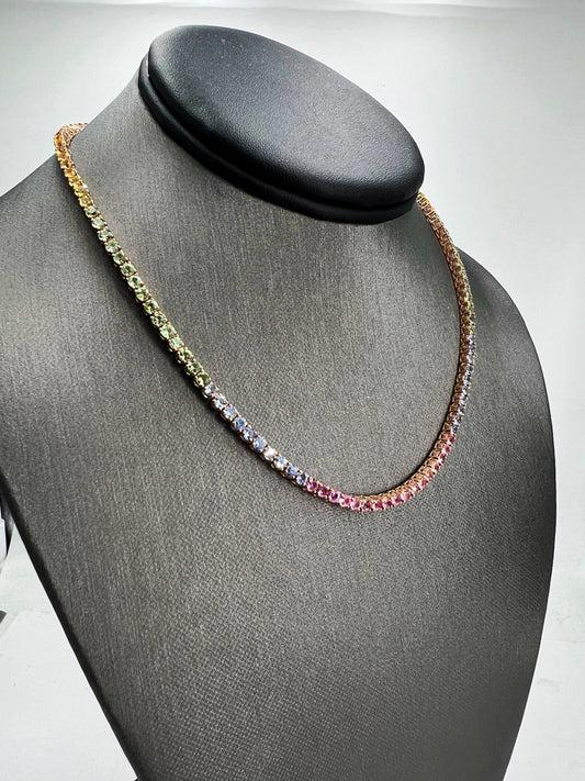 Natural Mined Round Sapphire Multi Color Necklace Yellow Gold
