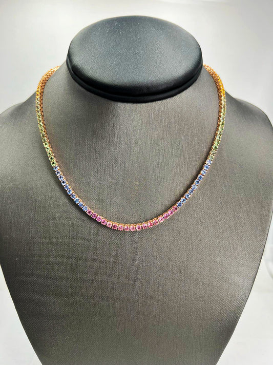 Natural Mined Round Sapphire Multi Color Necklace Yellow Gold