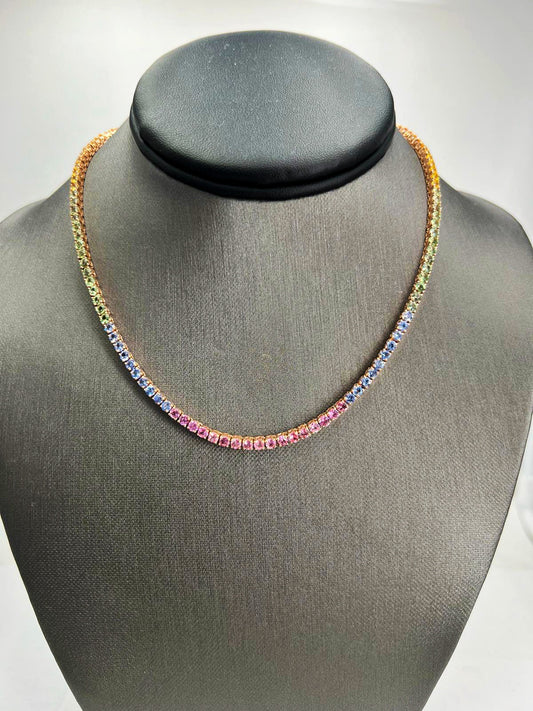 Natural Round Sapphire Multi Color Necklace, in Yellow Gold