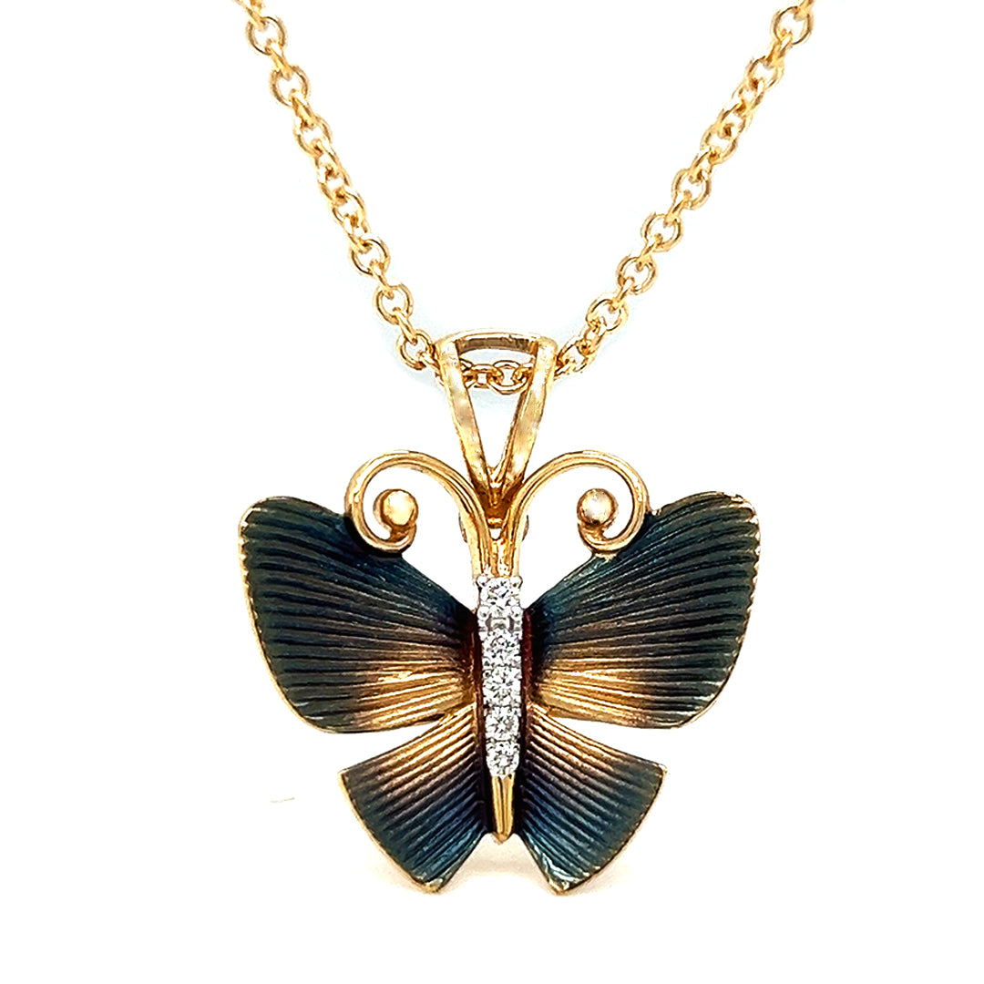 Natural Diamond Butterfly Pendant Necklace, in Yellow Gold