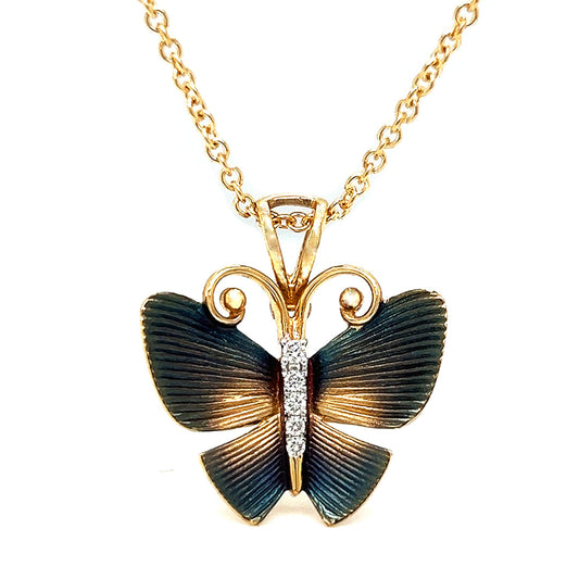 Natural Diamond Butterfly Pendant Necklace, in Yellow Gold