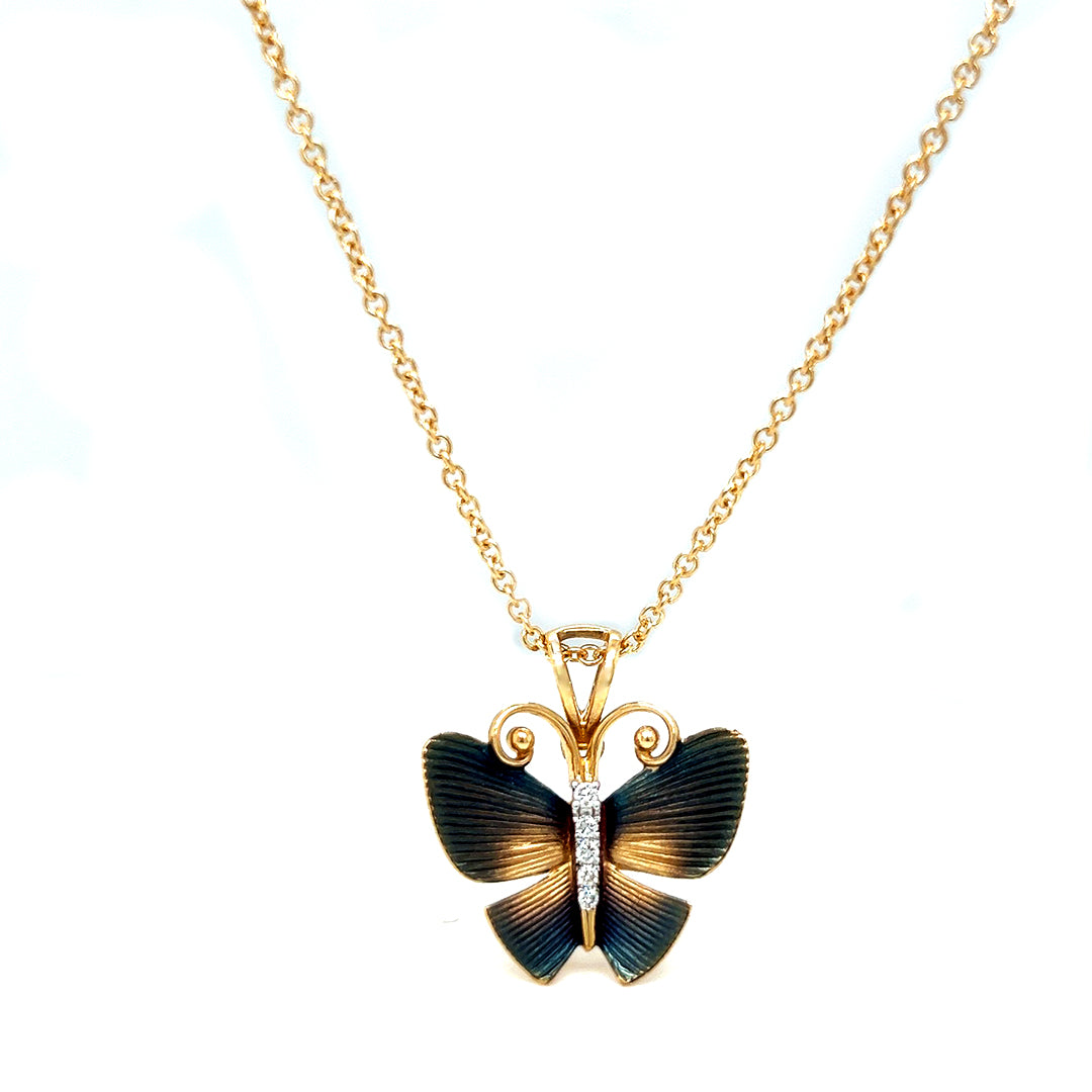 Natural Diamond Butterfly Pendant Necklace, in Yellow Gold