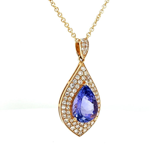 Natural Mined Tanzanite Diamond Halo Cocktail Pendant Yellow Gold